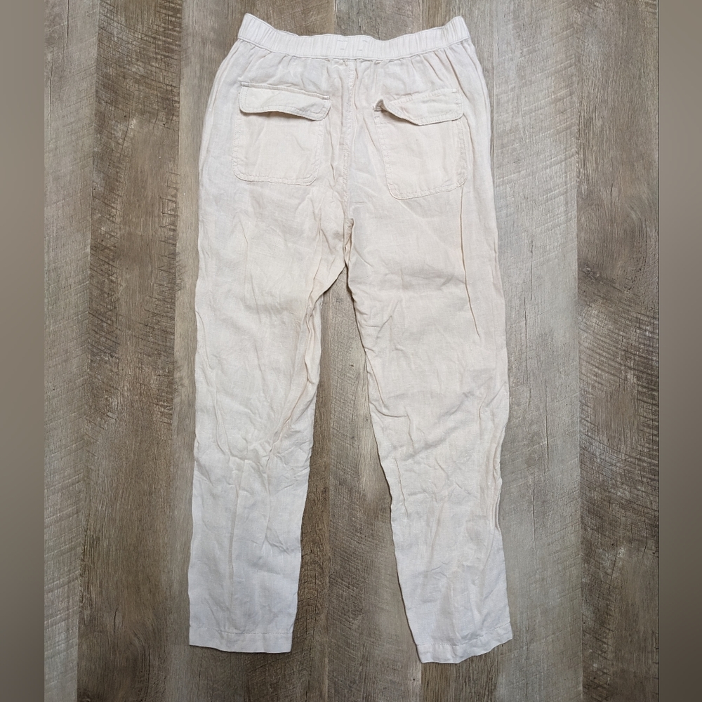 Nicole Miller Creamy Beige 100% Linen Crop Pants Stretch Waist Size Small